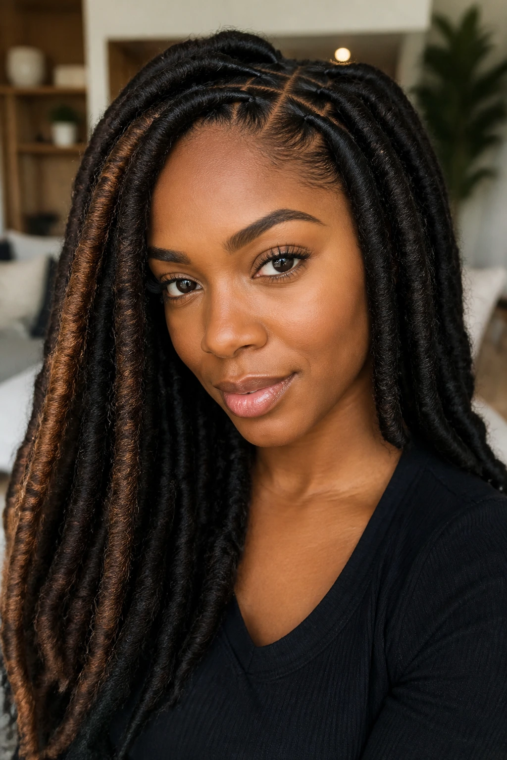 Close-up portrait of a real person with chunky faux locs and clean partings.