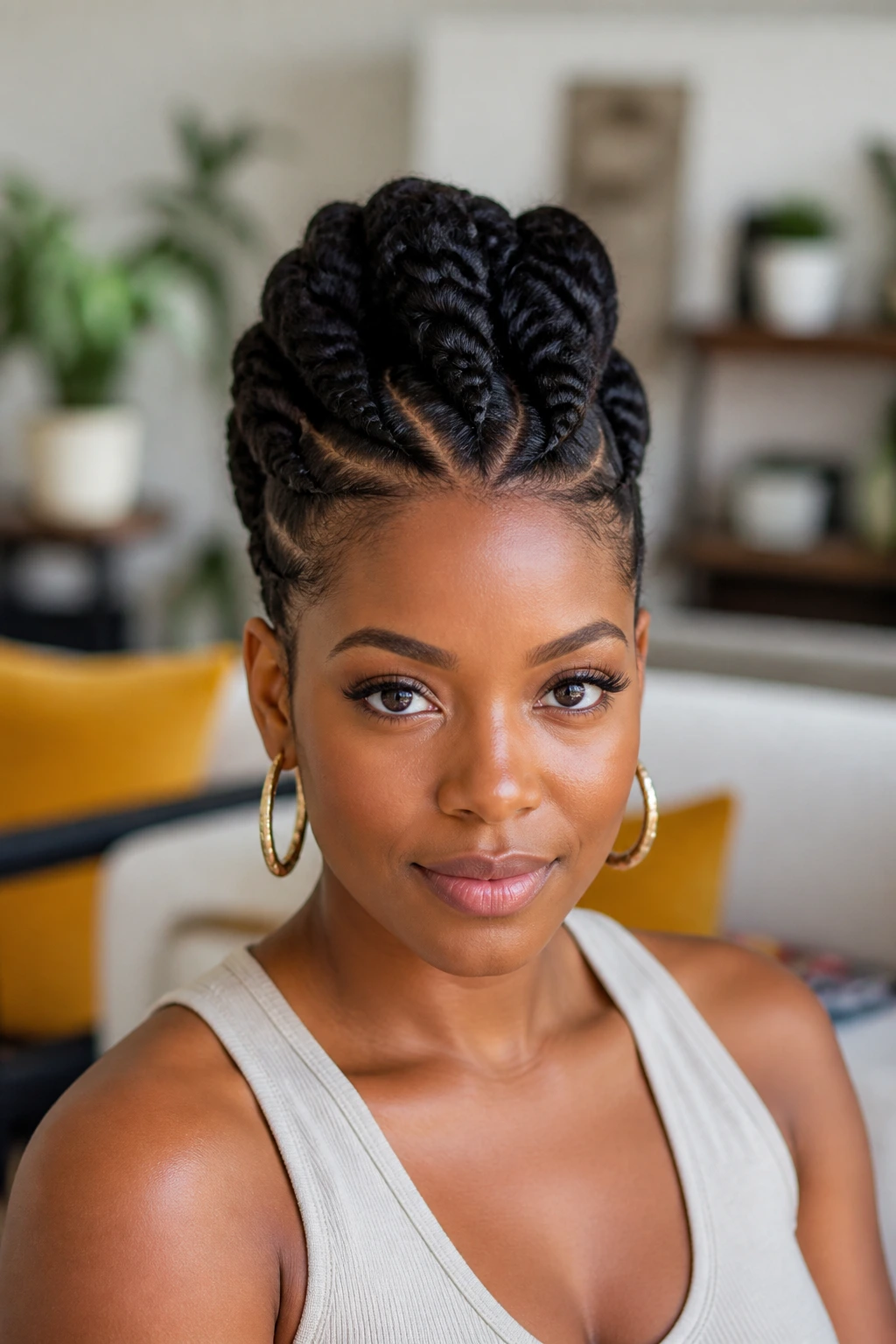 Real woman's chunky flat-twist updo hawk, close portrait.