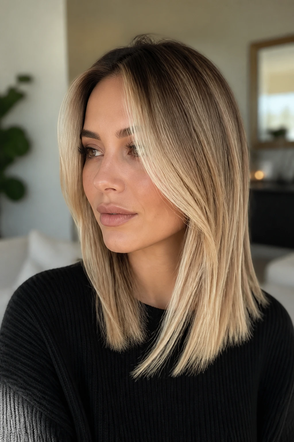 Close-up portrait of a real woman with chunky front lob framing her face in natural light