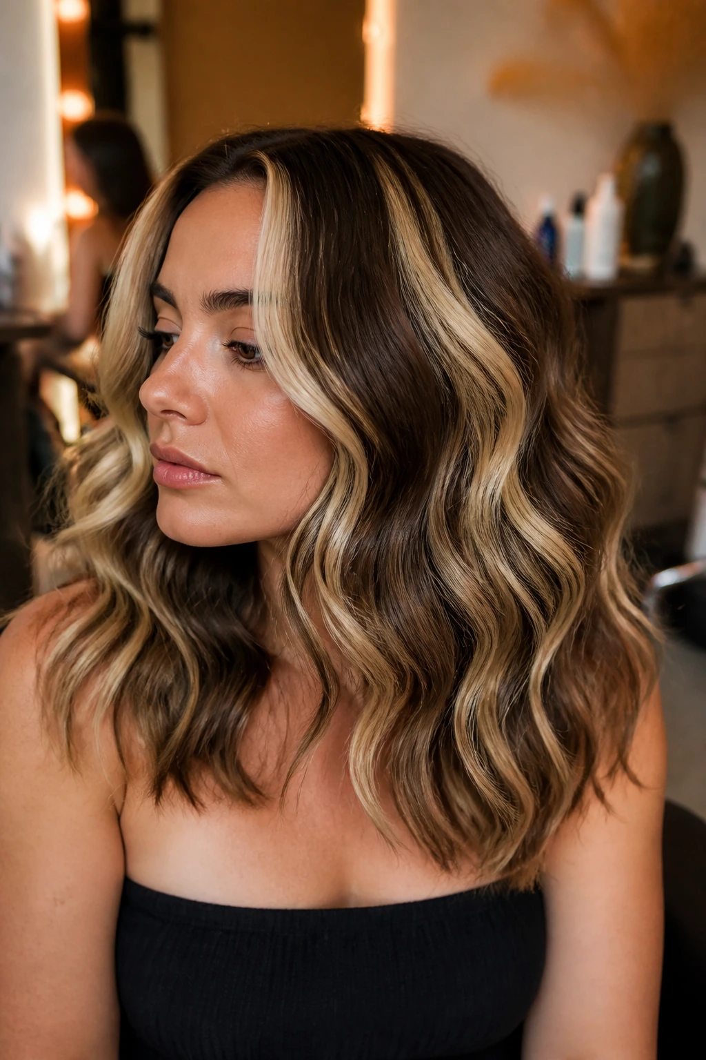Close-up portrait of a real woman with chunky highlights in wavy hair