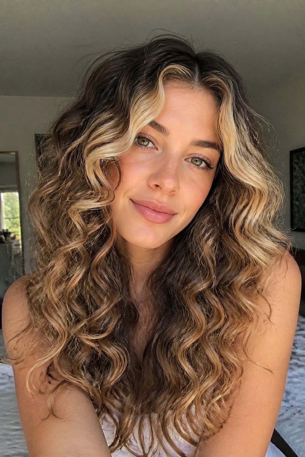 Close-up of a real woman with long curly hair showing chunky blonde highlights around the face