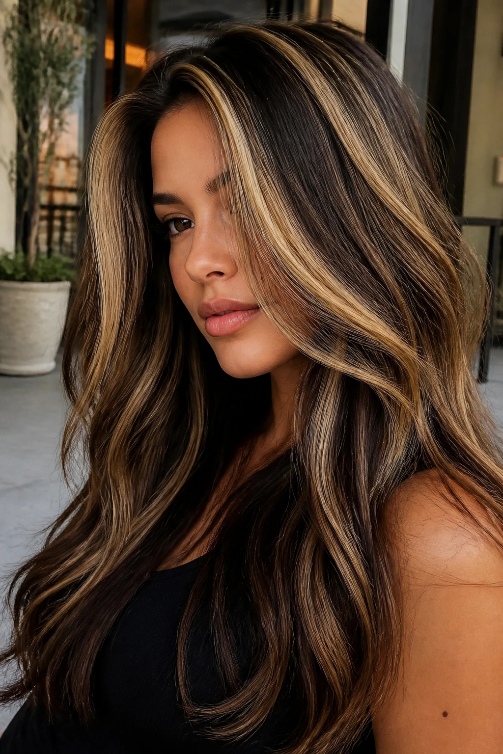 Close-up of long hair with chunky 90s highlights on a clean base