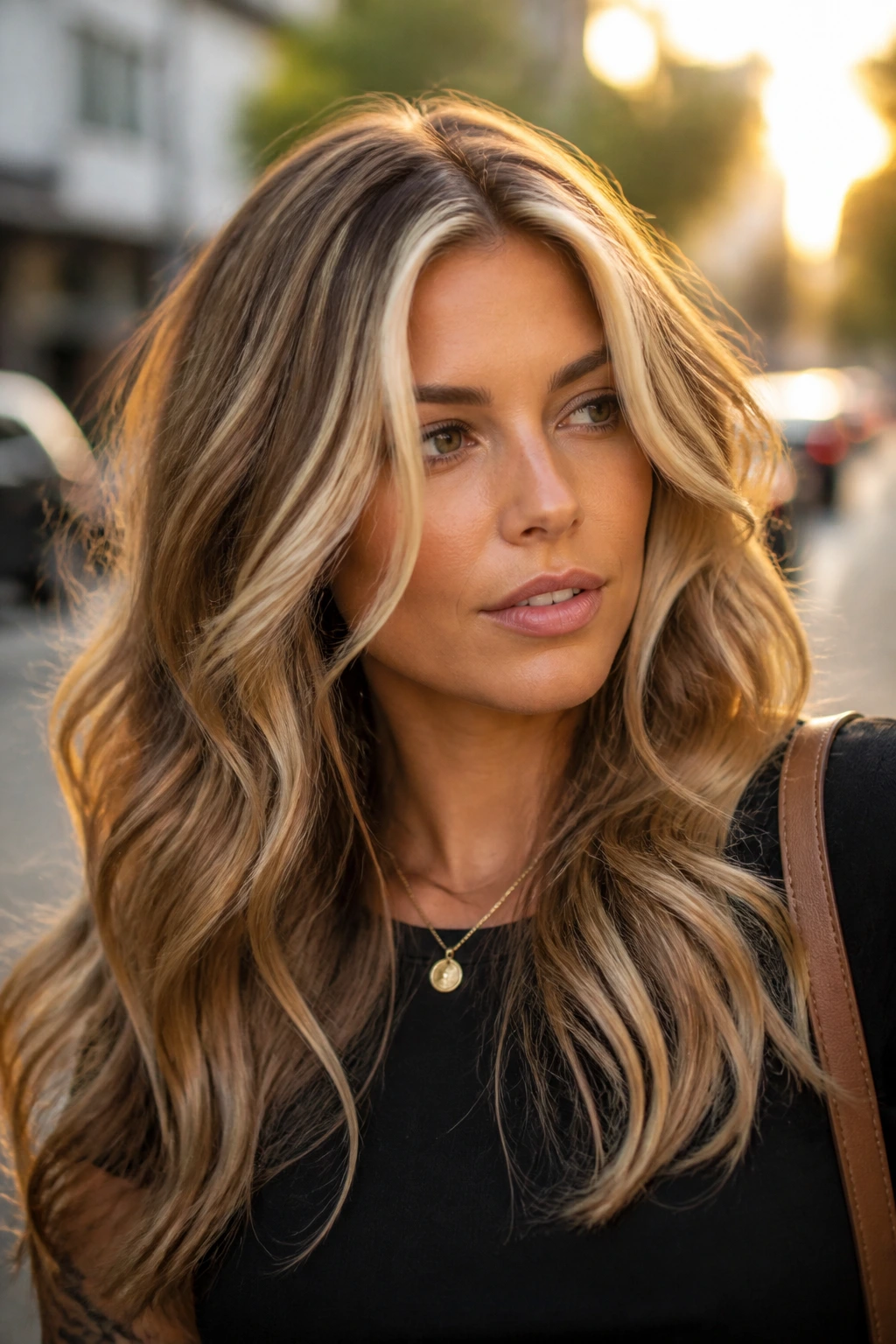 Real woman with chunky highlights modernized for thick hair.