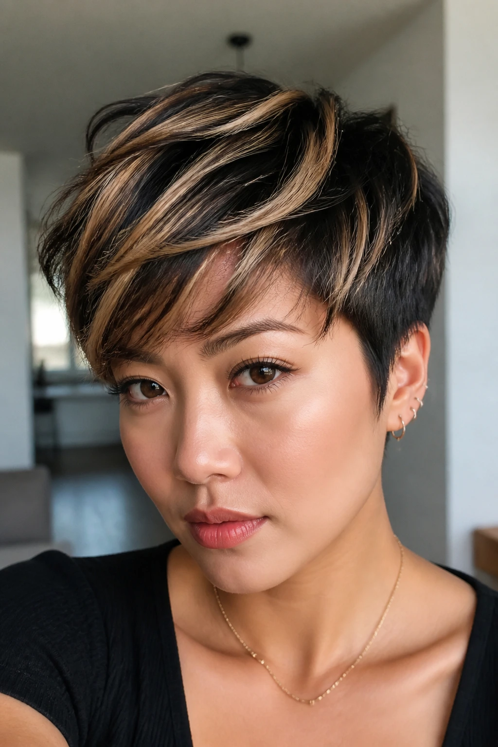 Portrait of a woman with chunky contrast highlights in a pixie cut