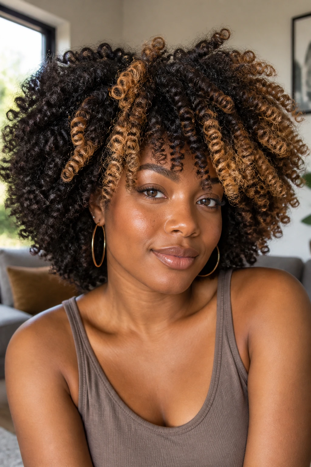 Close-up of tight coils with chunky honey highlights around crown and face frame