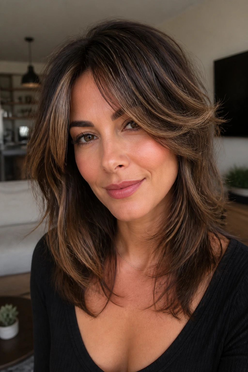 Real woman with chunky layer shag and mocha money piece on brunette hair