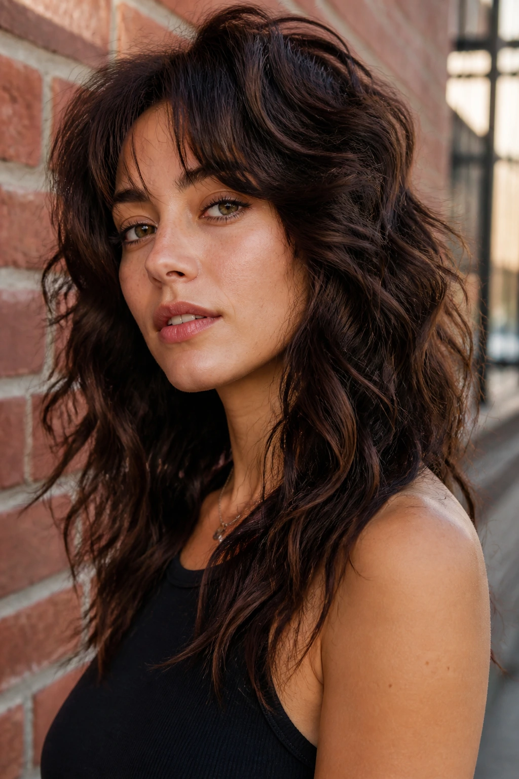 Close-up portrait of a real woman with chunky layered thick waves