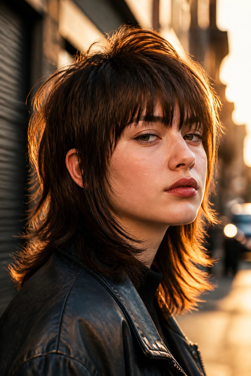 Close-up portrait of a real person with chunky 90s shoulder-length mullet in golden hour street setting