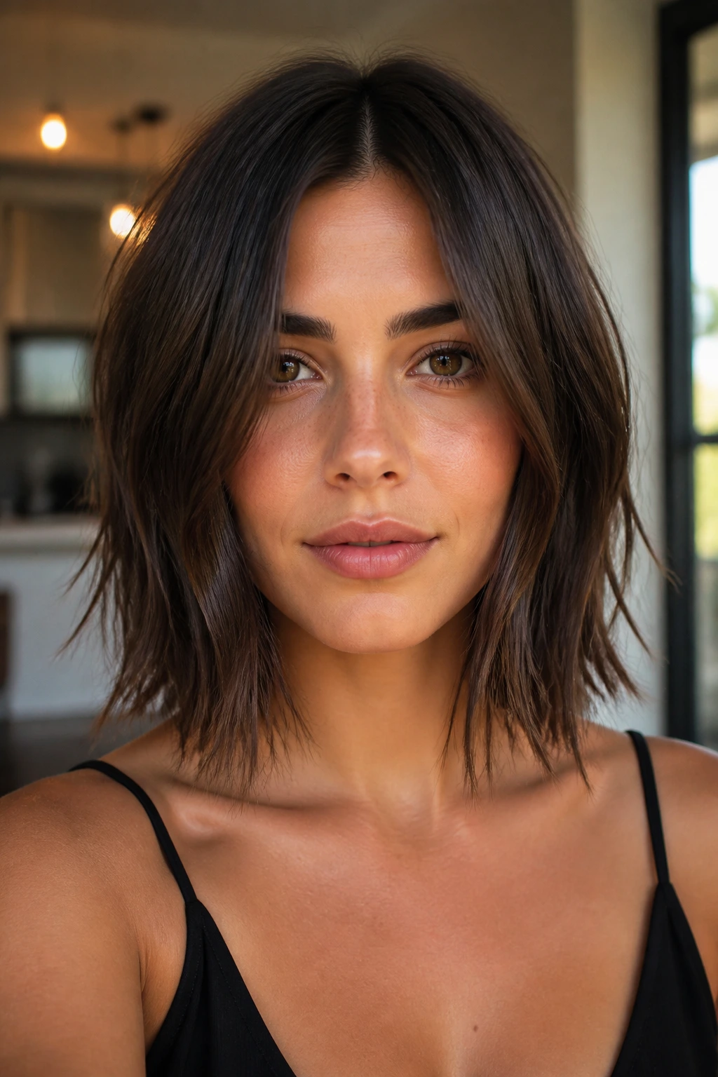 Close-up portrait of a real woman with a chunky piecey lob and separated ends.