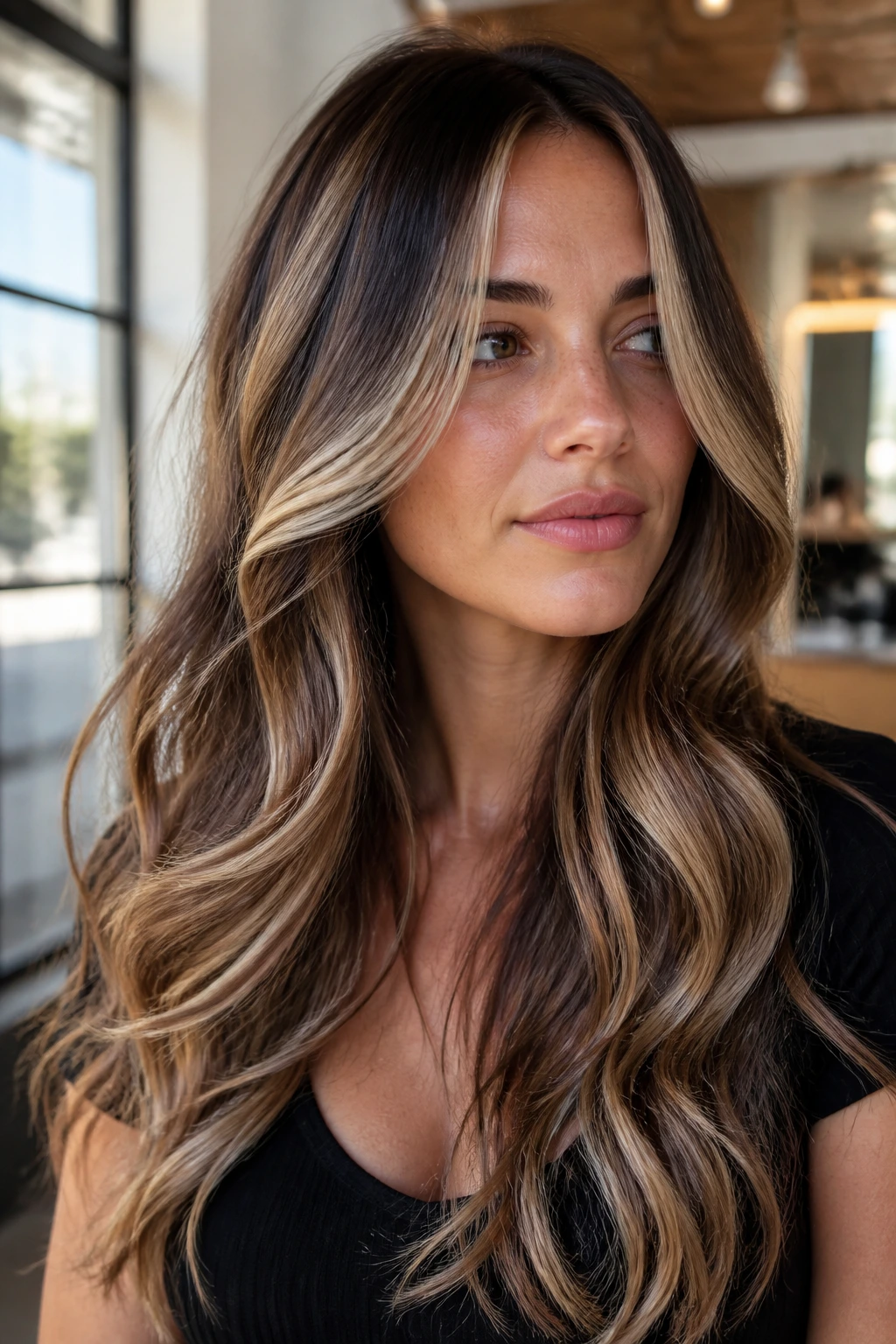Close-up of a real woman's long hair with chunky ribbon highlights and soft waves