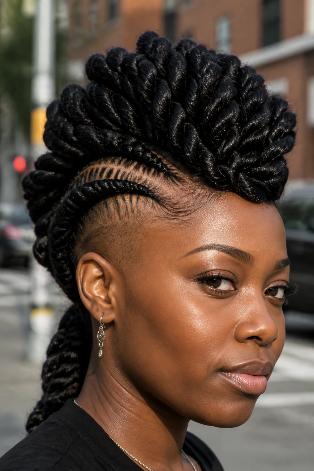 Close-up of a real person with chunky rope twist mohawk showing bold, twisted texture along the center.