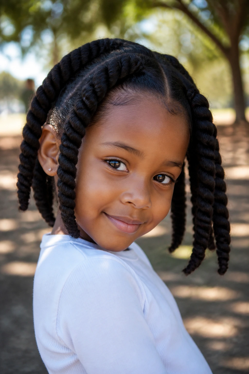 Close-up of a real child with chunky rope twists in an outdoor park
