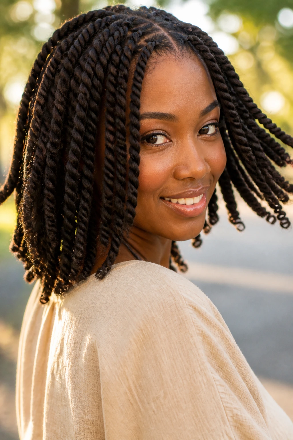 Close-up portrait of a real person with chunky twists worn loose and swingy