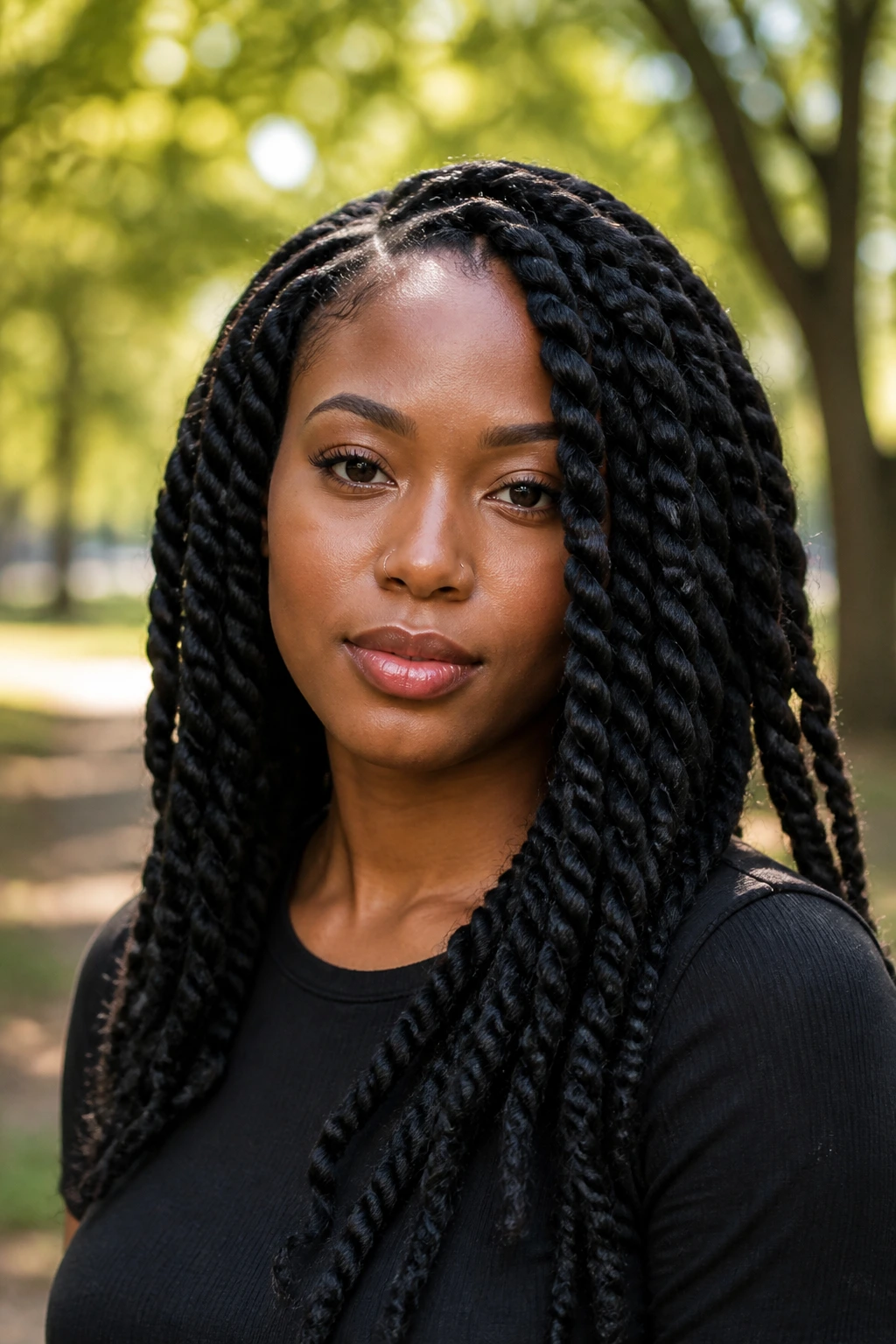 Portrait of a person with chunky rope twists forming a bold silhouette outdoors.