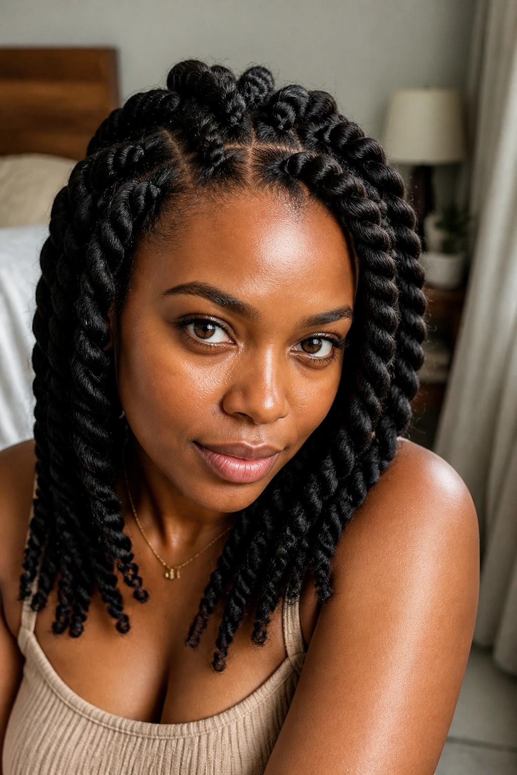 Close-up of real person with chunky twists on thick natural hair in warm bedroom light