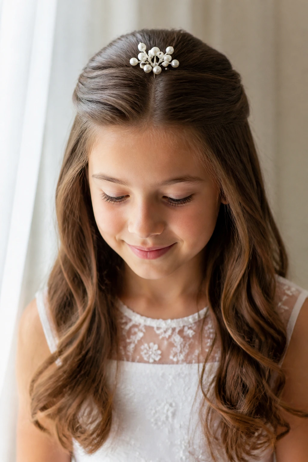 Real girl with polished half-up hairstyle and pearl pin