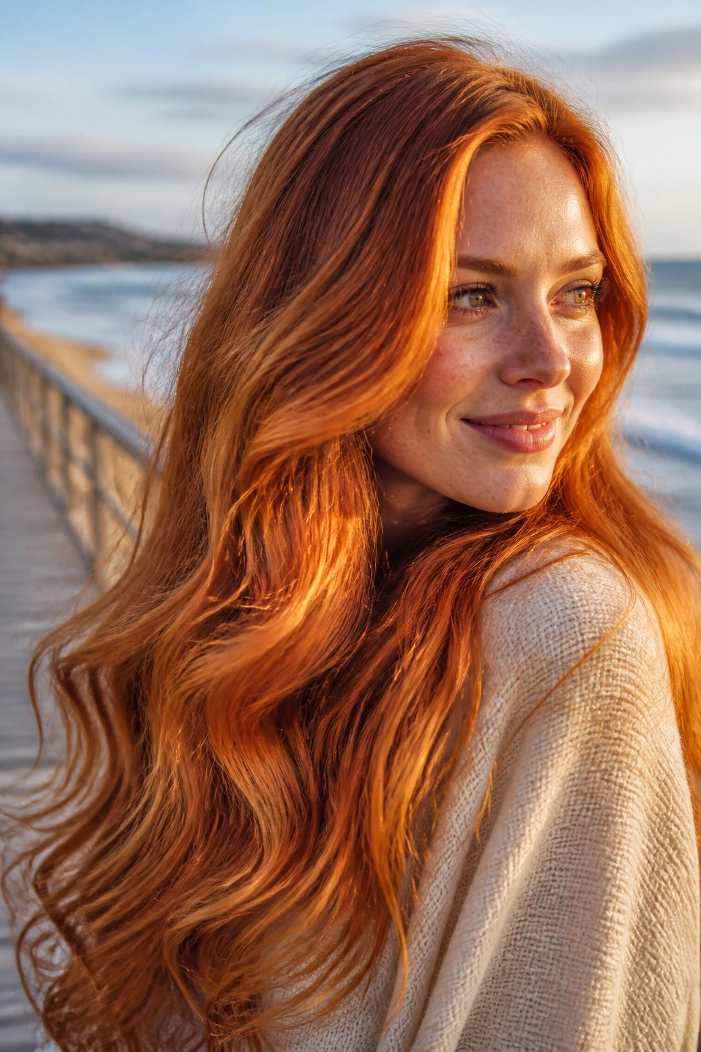Close-up of a real woman with cider copper waves in golden-hour light