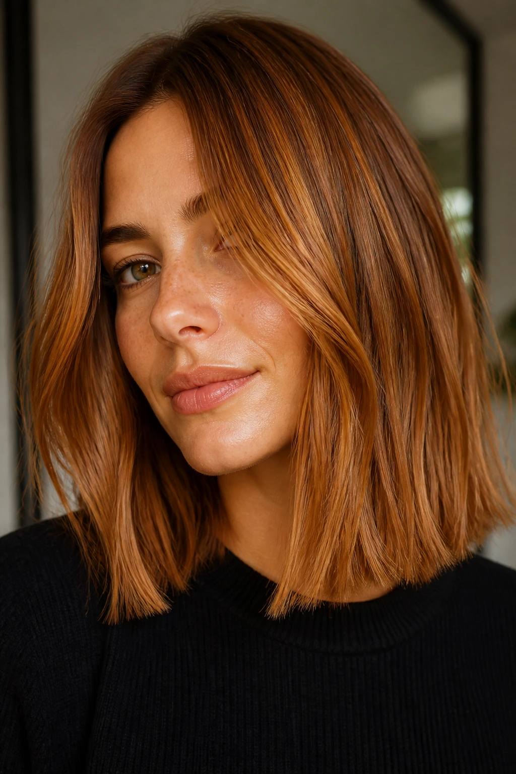 Portrait of a real woman with cinnamon amber lob hairstyle