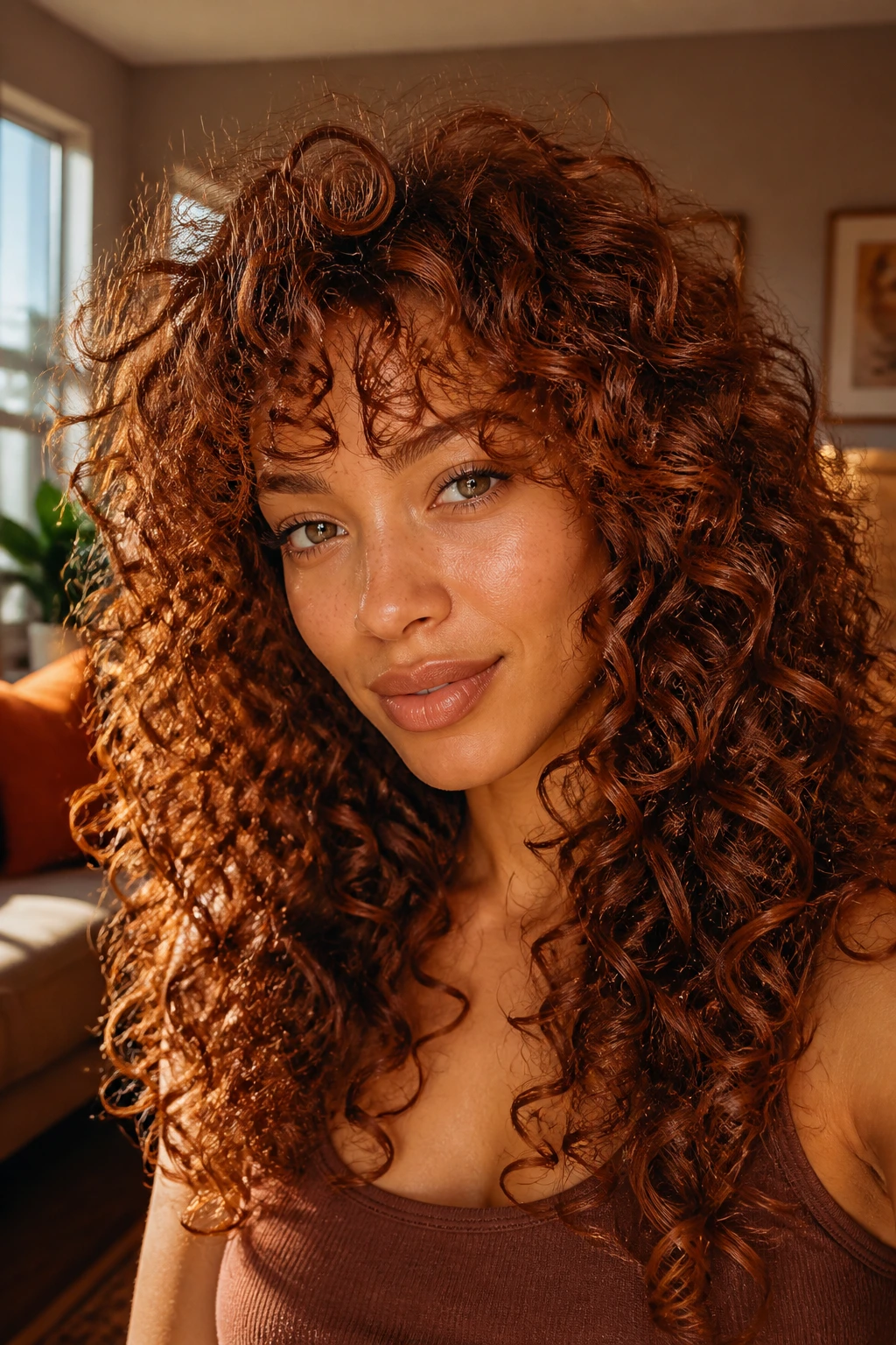 Close-up of a real woman with cinnamon auburn curly hair in a sunlit living room