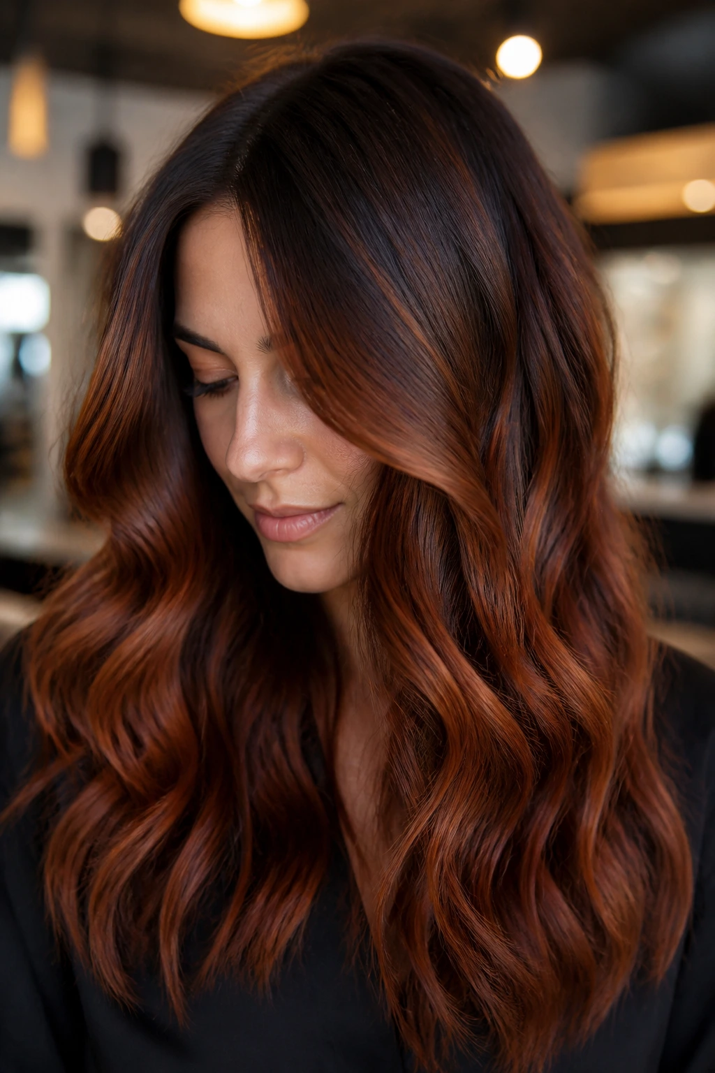 Close-up of cinnamon auburn melt on long wavy hair with dark roots