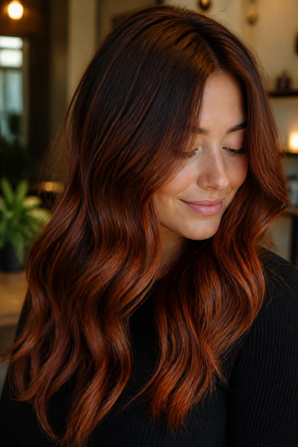 Close-up of cinnamon auburn melt hair on real person