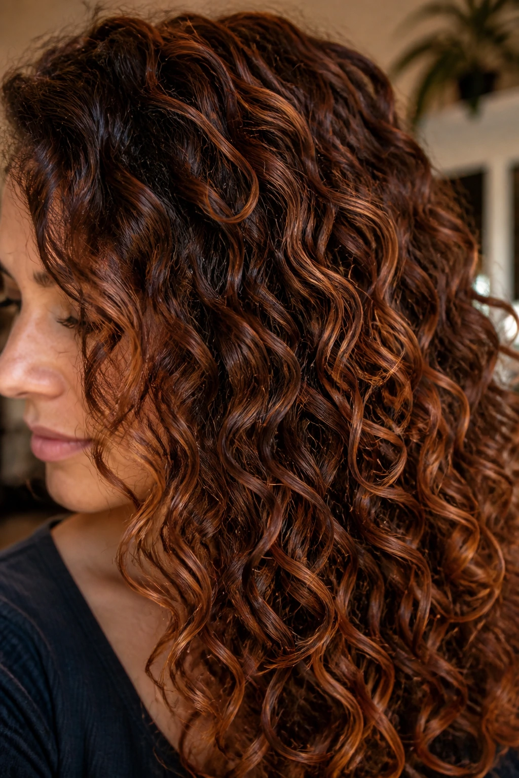 Close-up of curly hair showing thin cinnamon auburn ribbons along the curls