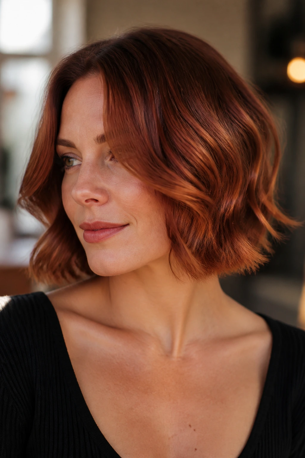 Close-up of a real woman with Cinnamon Auburn S-Curve Bob hairstyle