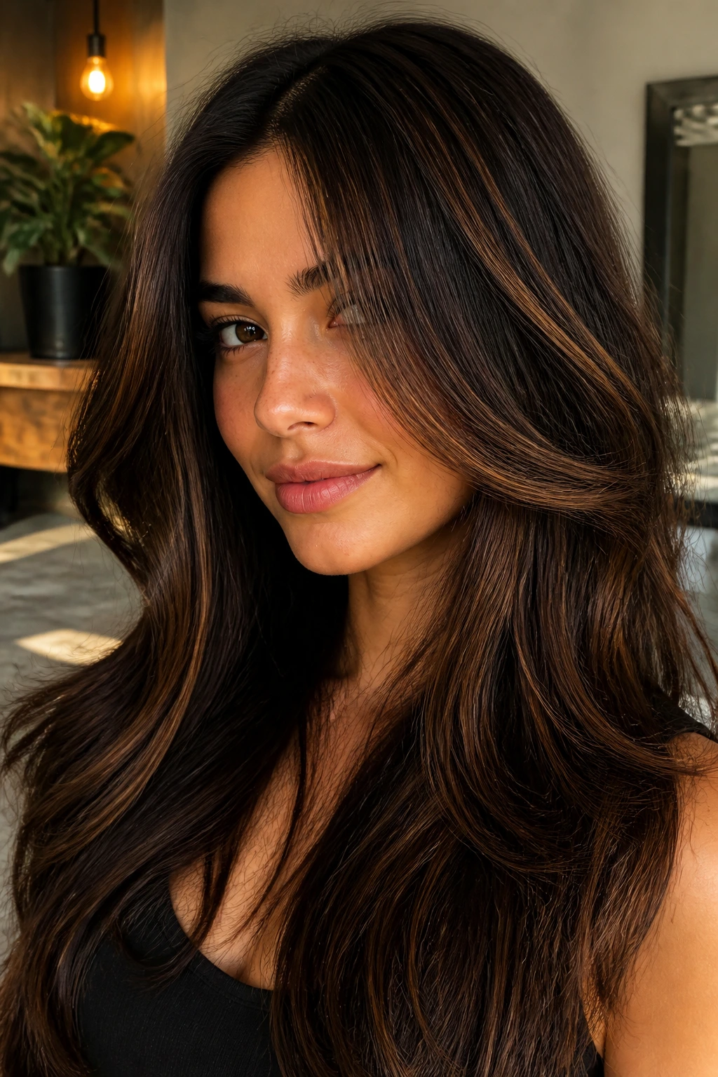 Close-up of a real woman with cinnamon babylights on espresso brown hair under warm interior light