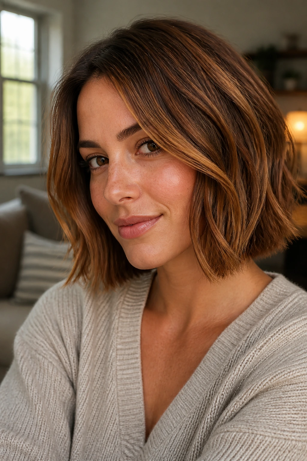Close-up of a real woman with cinnamon balayage on a short bob in warm natural light