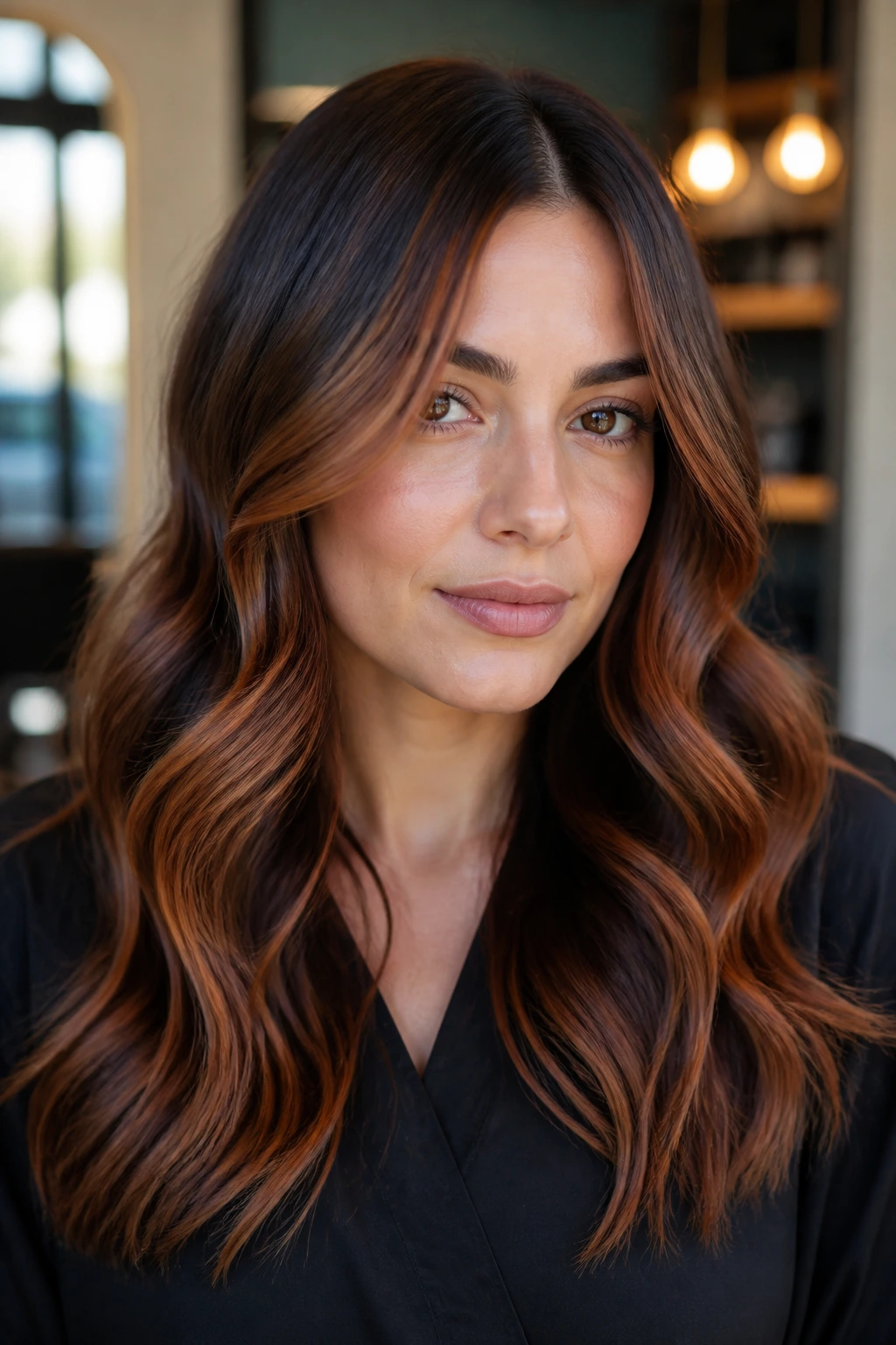 Close-up of brunette with cinnamon balayage ribbons in a soft wave