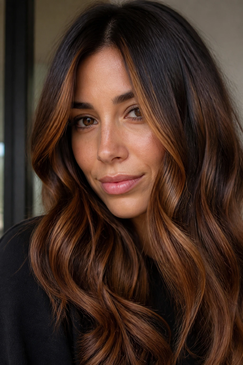 Real woman with brunette base and cinnamon balayage around the face