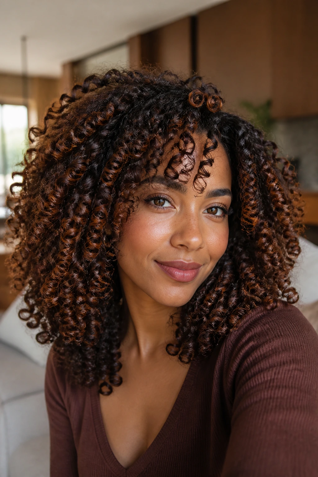 Cinnamon balayage on defined coils with warm red-brown tones on a real woman