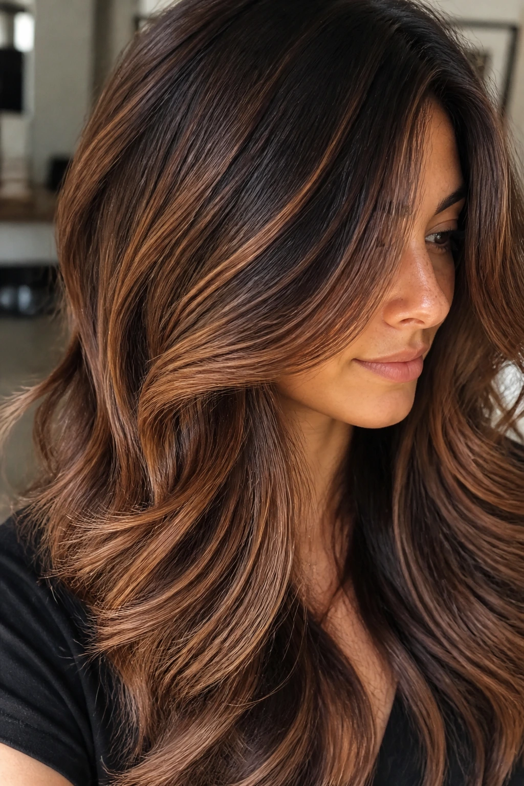 Close-up of brunette with cinnamon balayage weaving through layered hair.