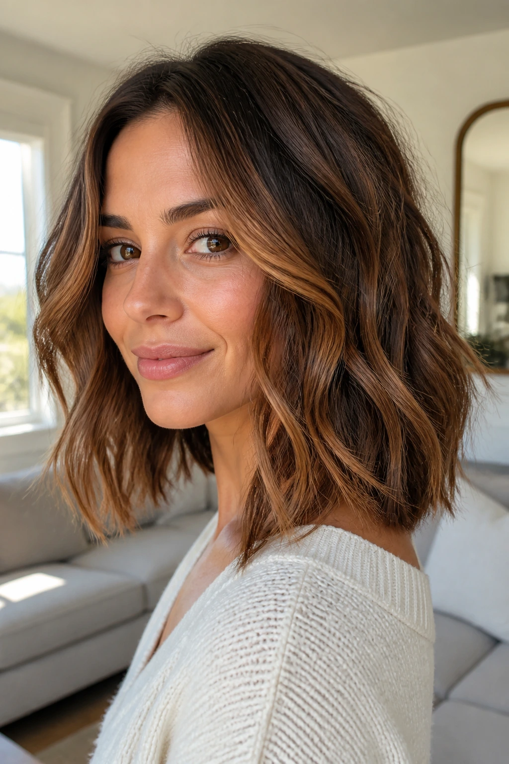 Wavy lob with cinnamon balayage around the face