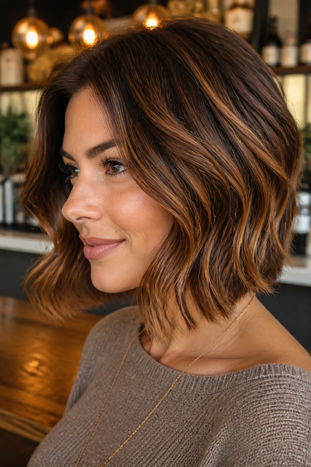 Close-up of short bob with cinnamon balayage on medium brown base