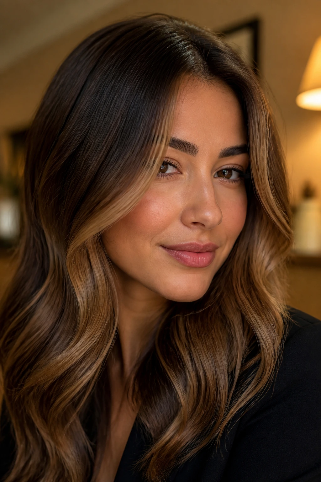 Close-up portrait of a real woman with cinnamon-beige face frame in warm indoor light