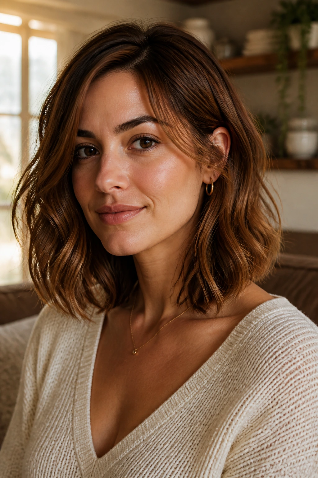 Close-up of a real woman with cinnamon wavy bob at collarbone length in warm light