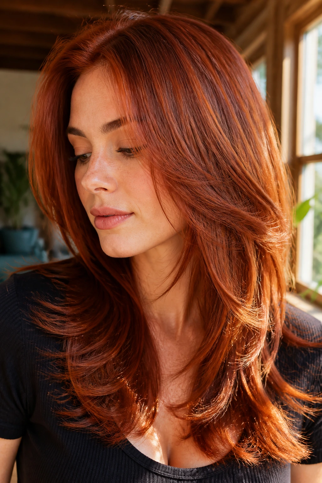 Close-up of a real woman's layered cinnamon brick red hair catching window light