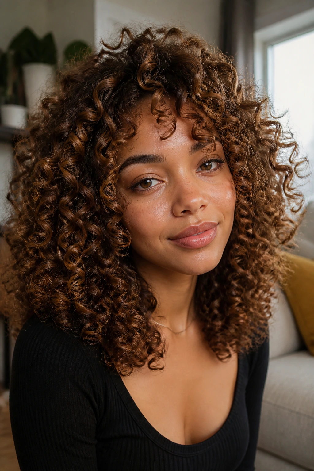 Portrait of a woman with cinnamon bronze curls in warm indoor light.