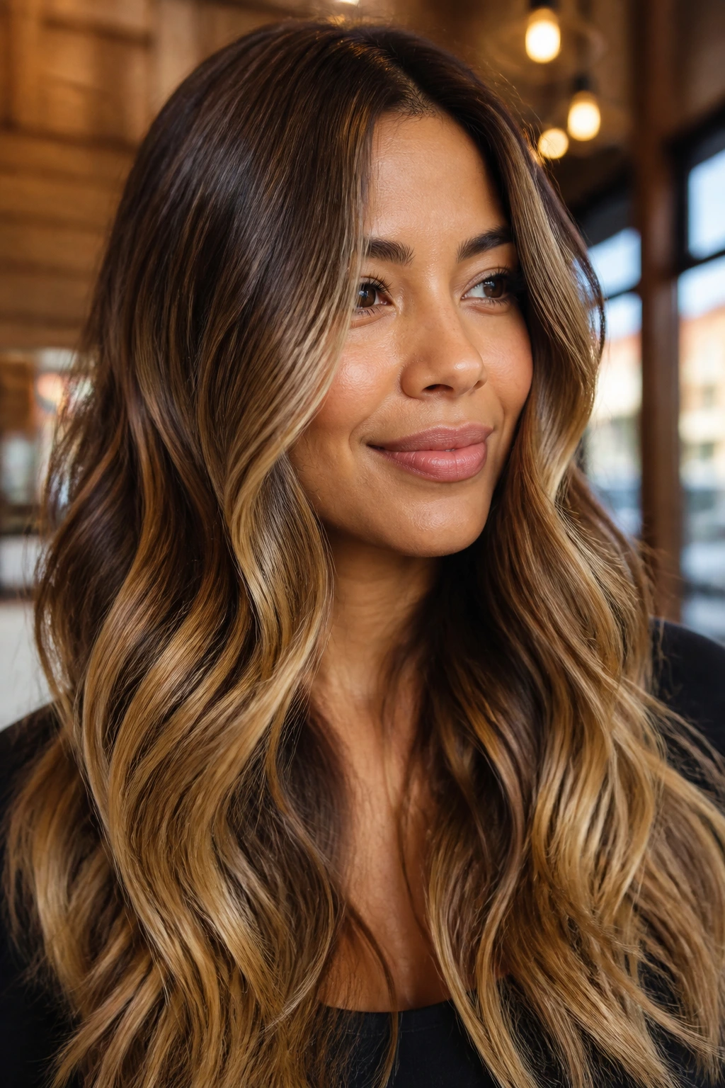 Close-up of a real woman with cinnamon brown roots fading to gold balayage on long hair