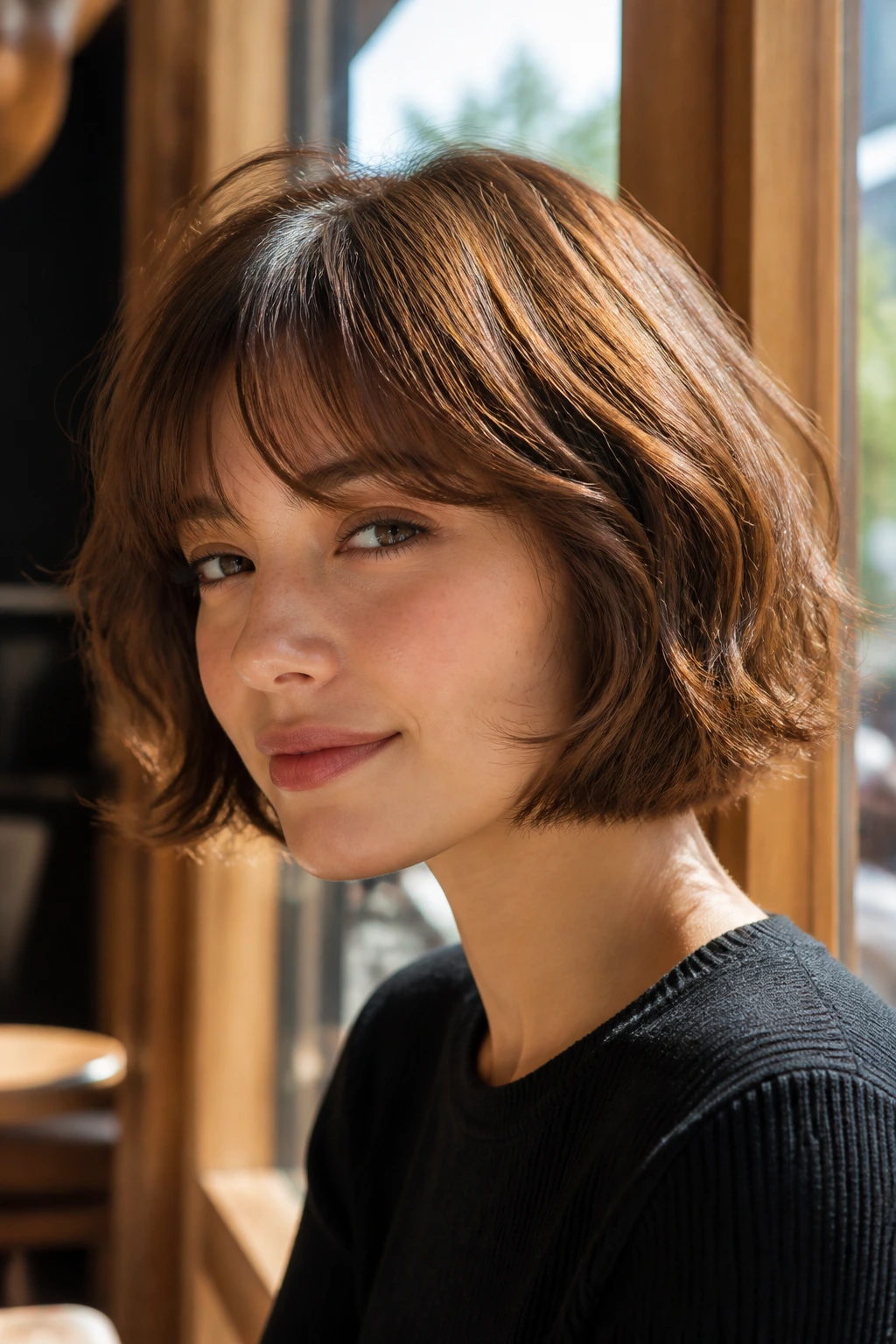 Portrait of a woman with a cinnamon brown bob and airy fringe in a sunlit cafe