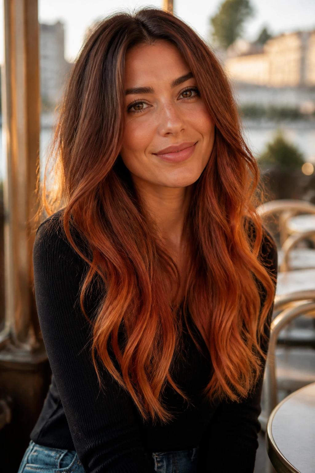 Close-up portrait of a real woman with cinnamon brown to copper glow ombre on long hair