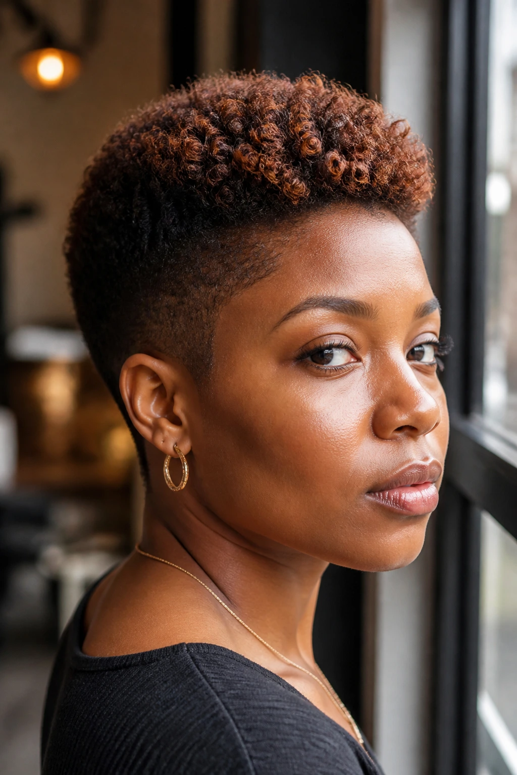 Close-up of a tapered cut with cinnamon brown ends on dark hair.