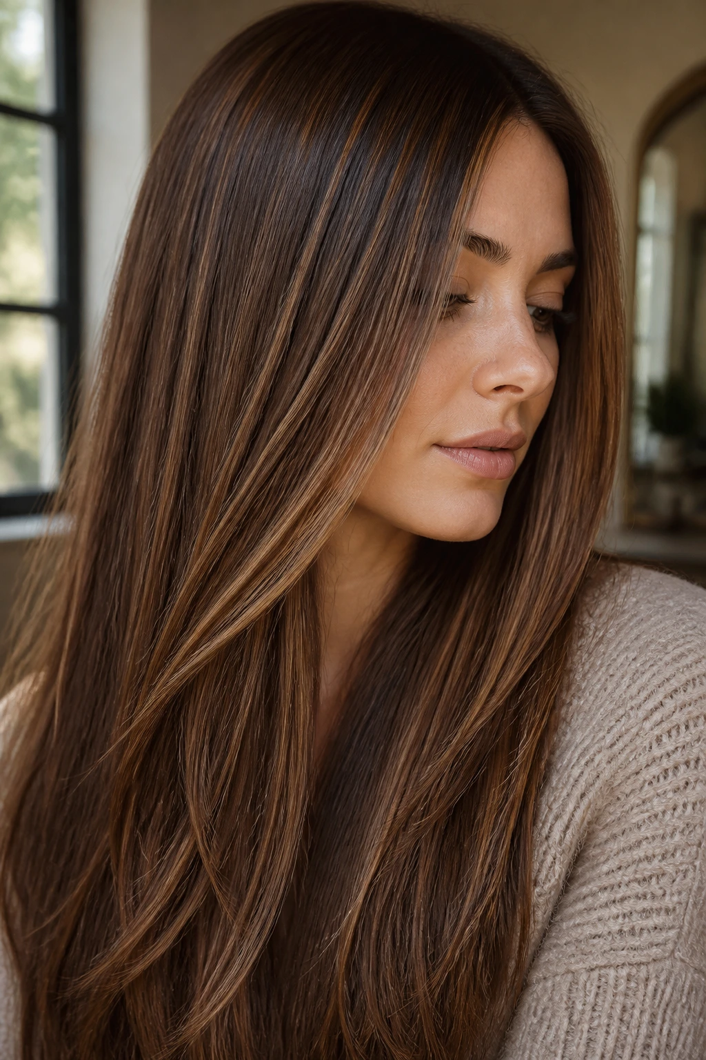 Close-up of cinnamon brown hair with warm ribbon highlights