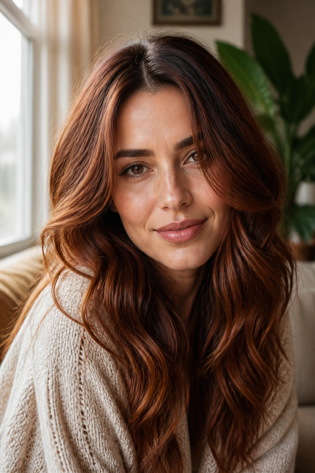 Portrait of a woman with cinnamon brown hair and warm spice glow.