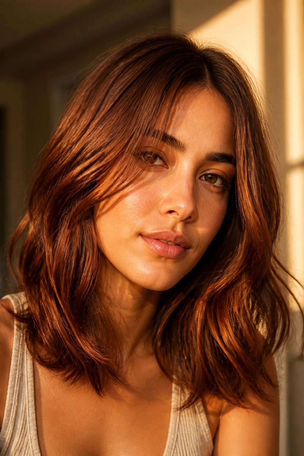 Portrait of a woman with cinnamon brown hair catching warm light