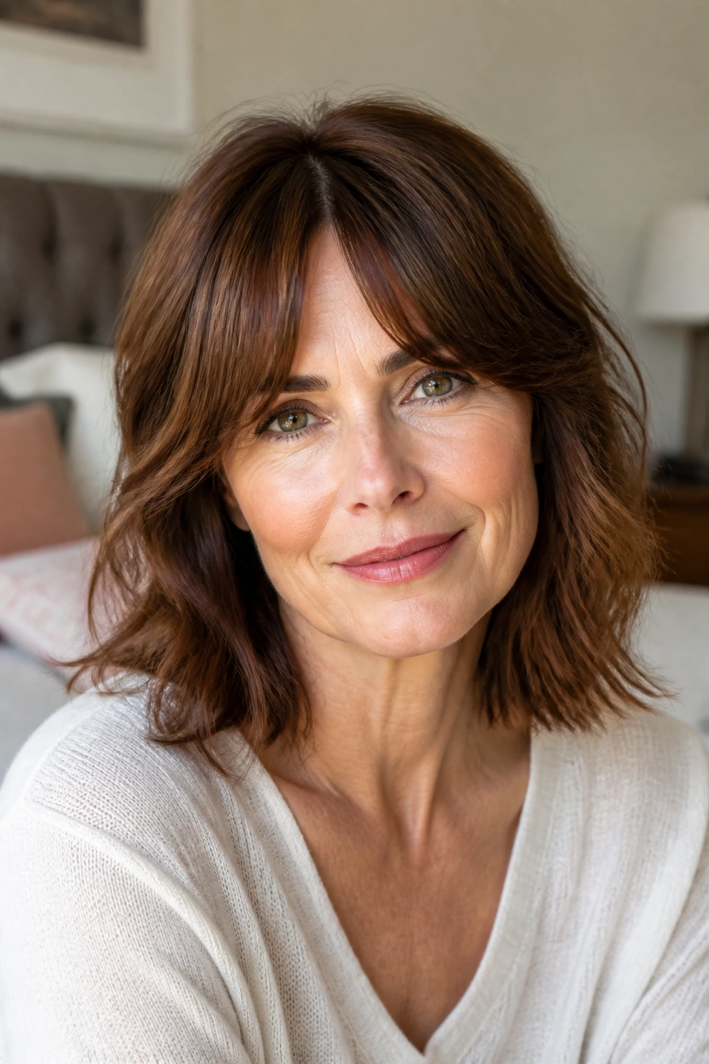 Close-up of a woman with cinnamon brunette collarbone-length hair and Bardot bangs.