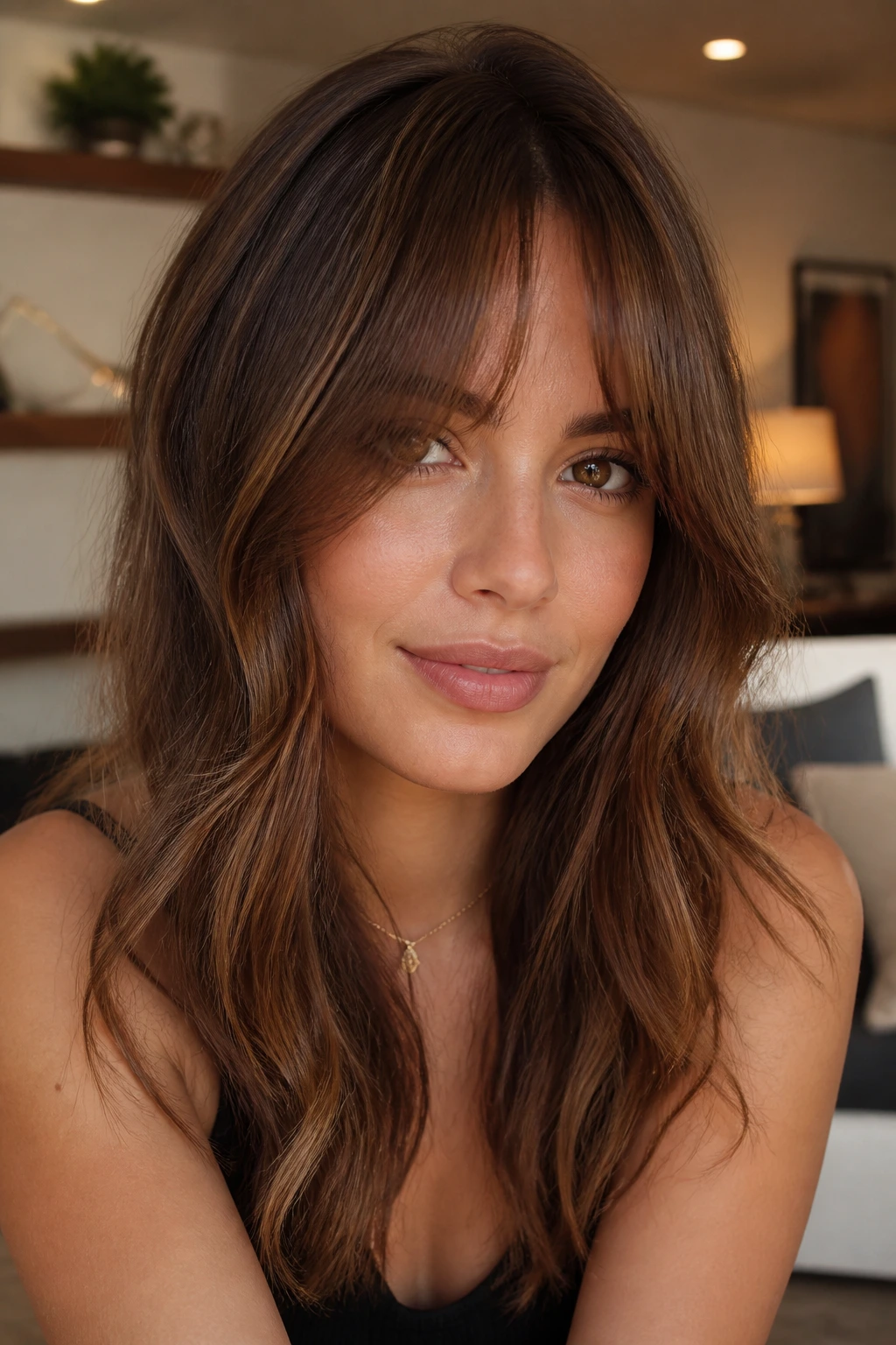 Real woman with cinnamon brunette bottleneck bangs