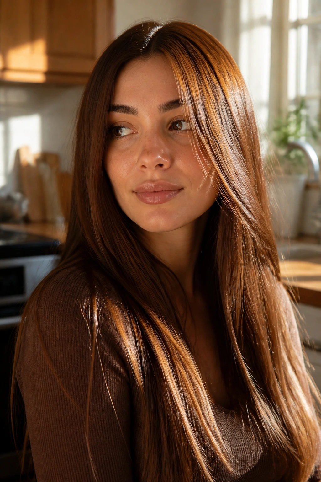 Close-up of real woman with cinnamon brunette straight hair in warm kitchen light
