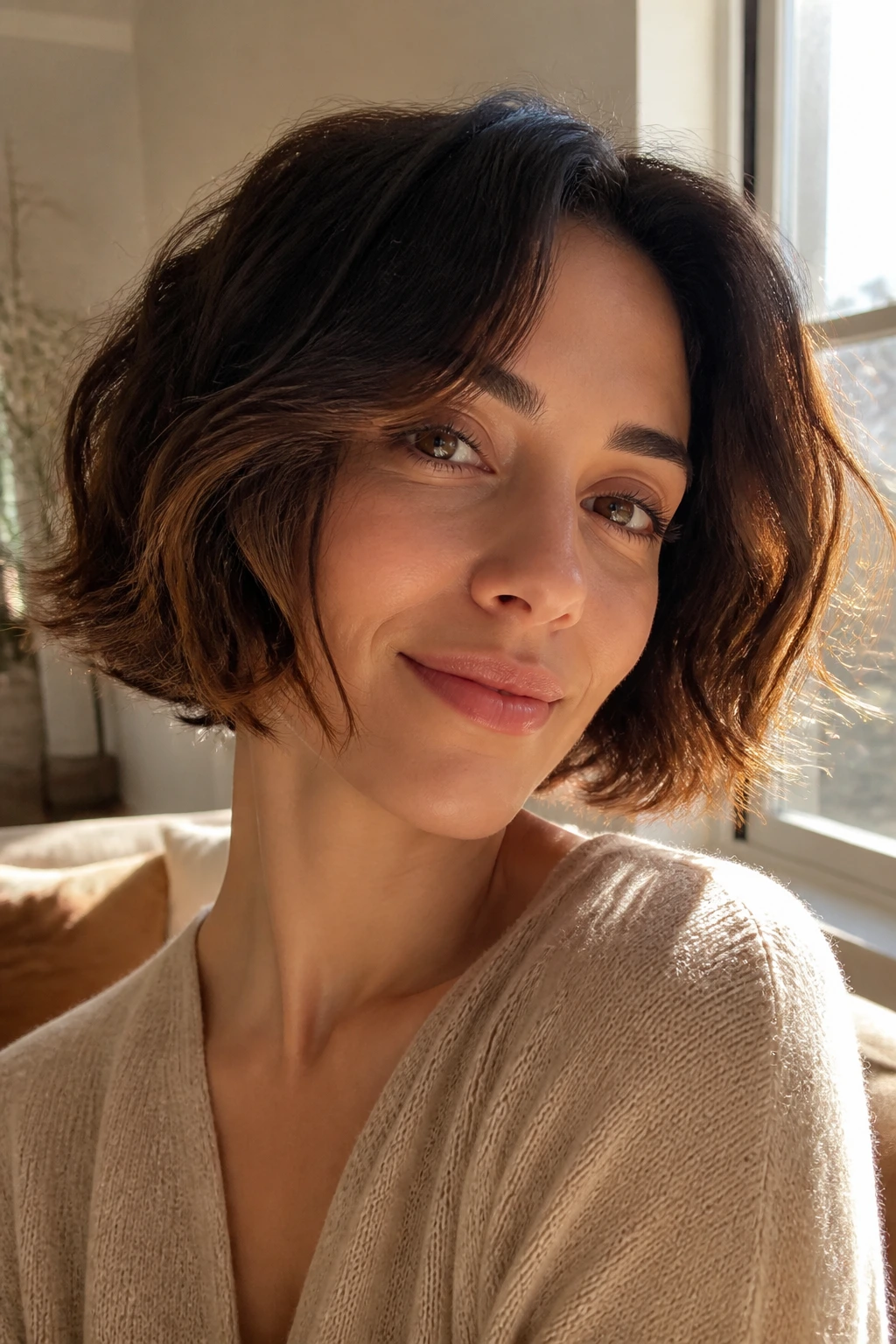 Close-up of a real woman with cinnamon-ended brunette short hair in warm daylight